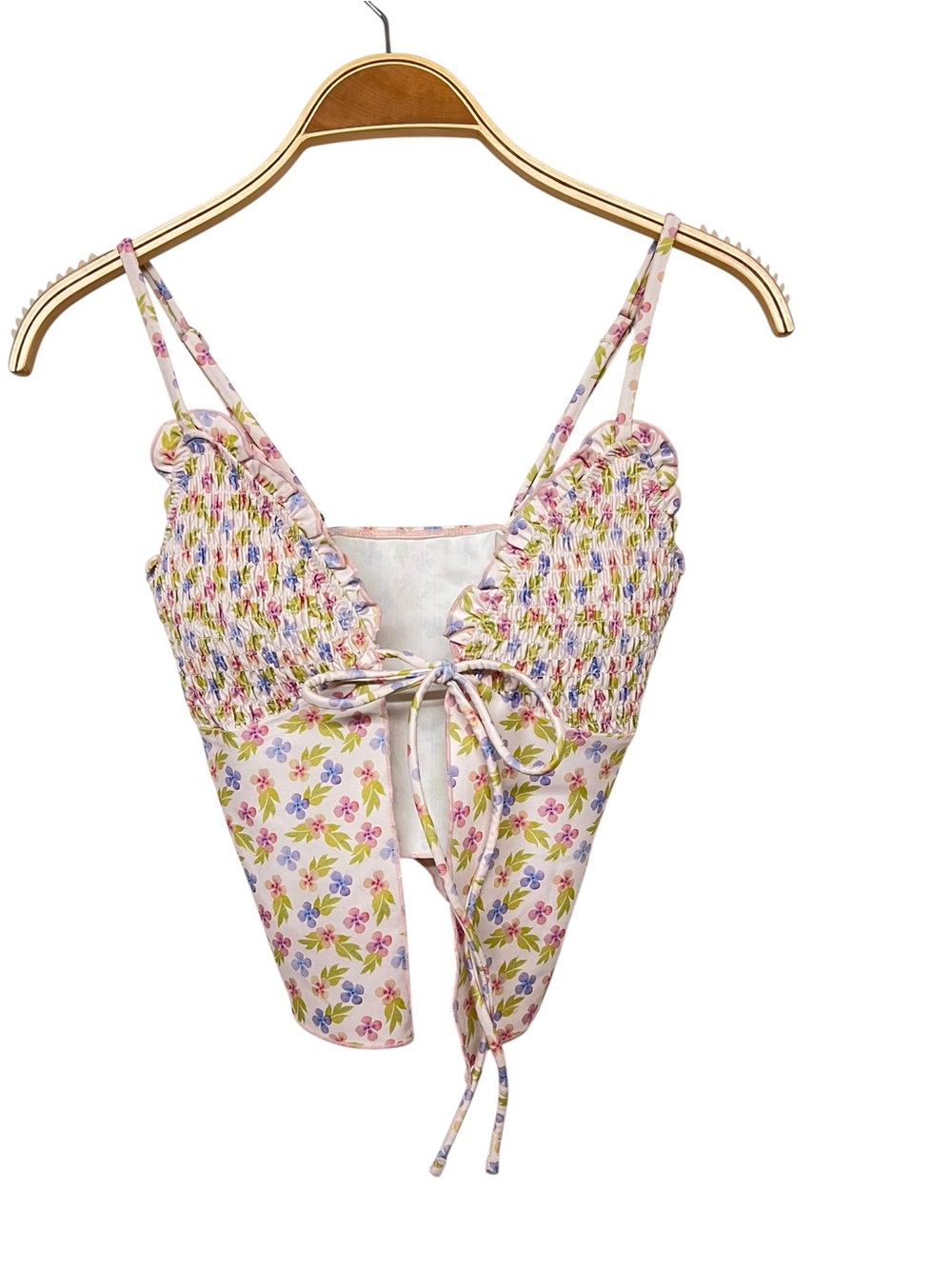 New‎ Glowny Floral Smocked Tie-Front Cami Swim Top - Pink